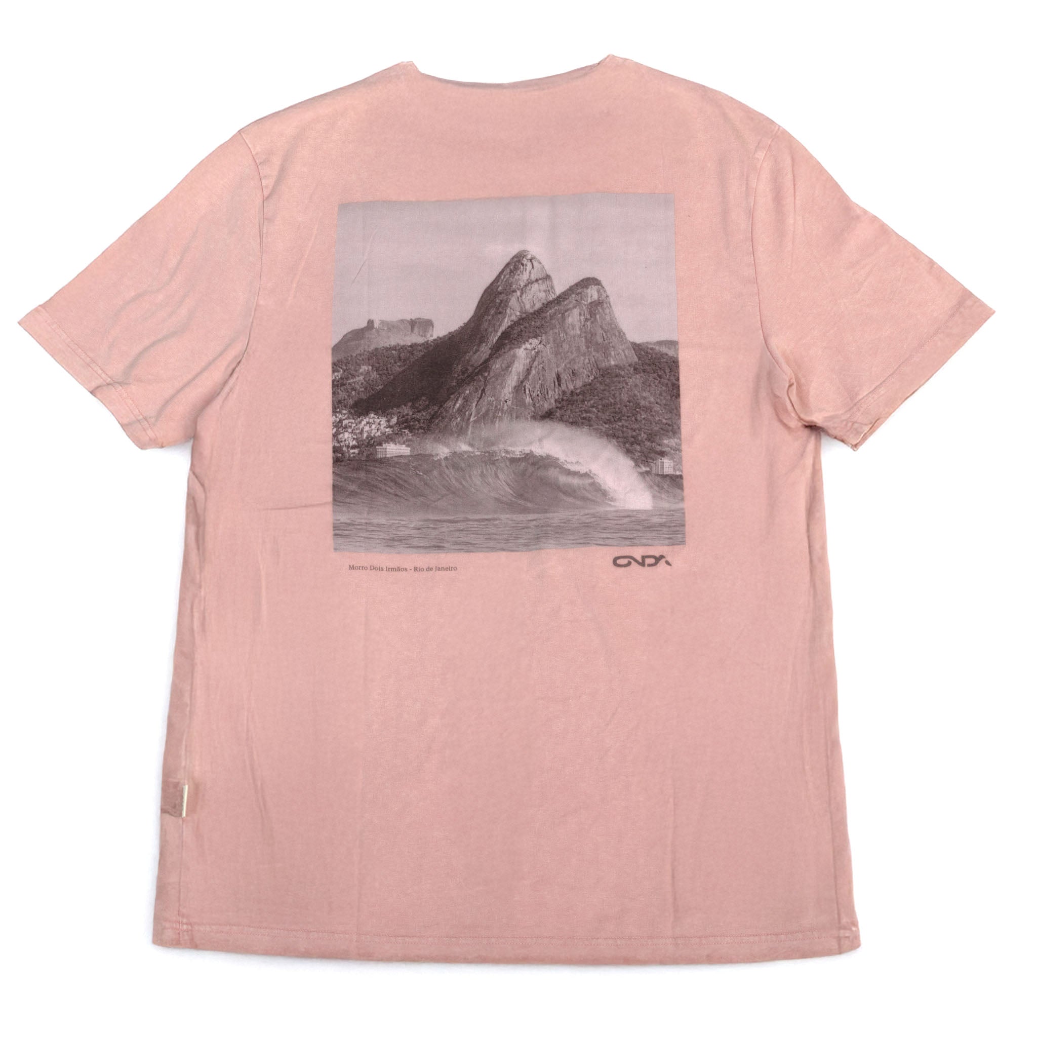 Pink t-shirt with a mountain graphic on the back against a white background