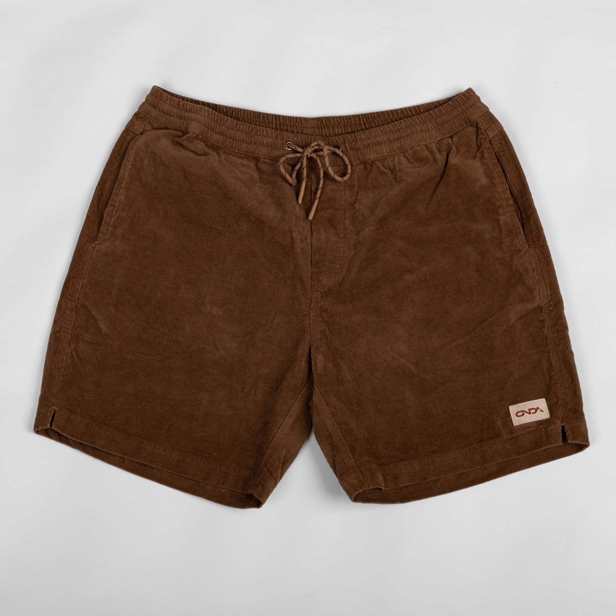 Brown shorts with a drawstring on a white background