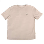 Beige t-shirt with a small black onda logo on a white background
