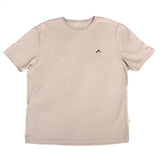 Beige t-shirt with a small black onda logo on a white background