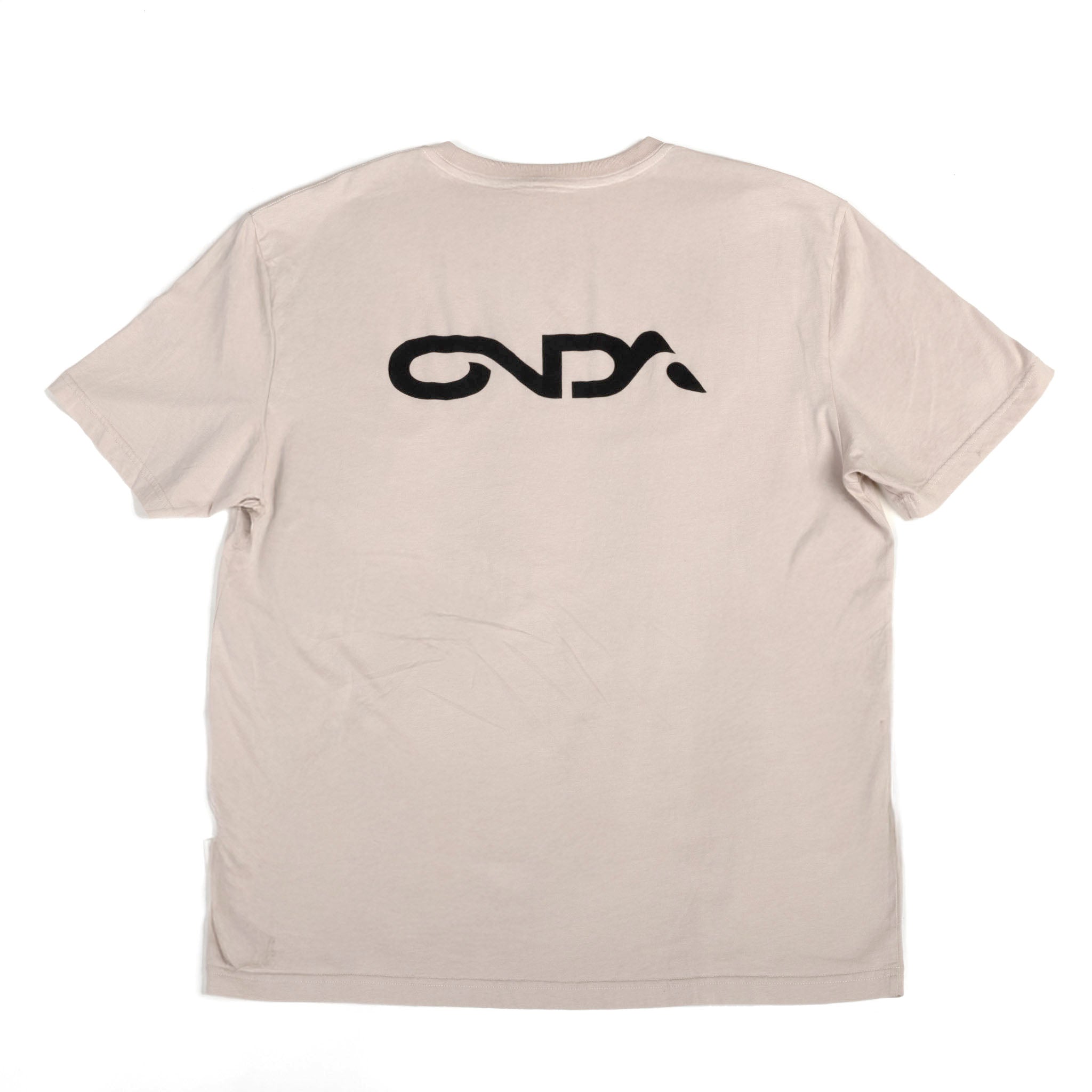 Beige t-shirt with black onda logo on the back against a white background