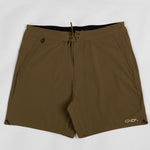 Brown shorts with an onda logo on a white background