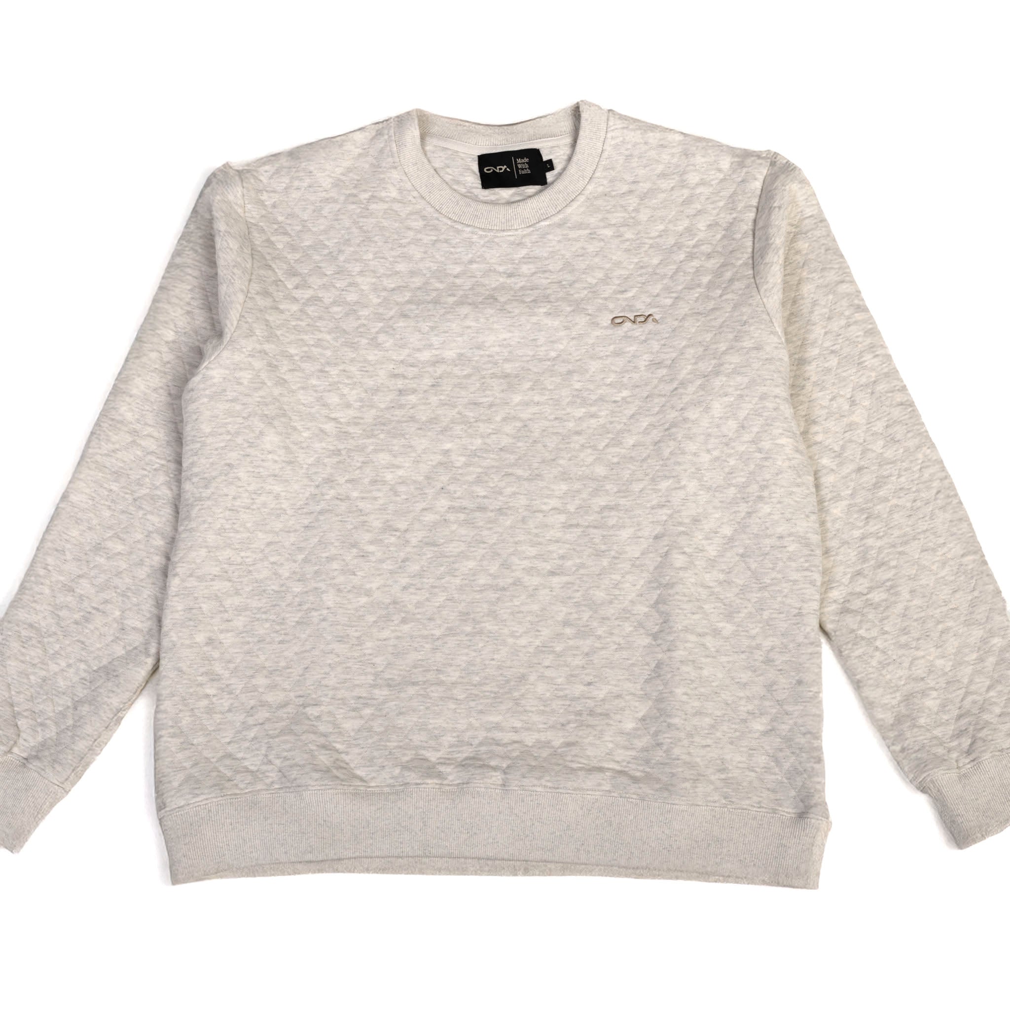 Light gray sweatshirt with a onda logo on a white background