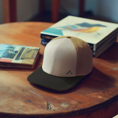 Baseball cap on a wooden table with books in the background